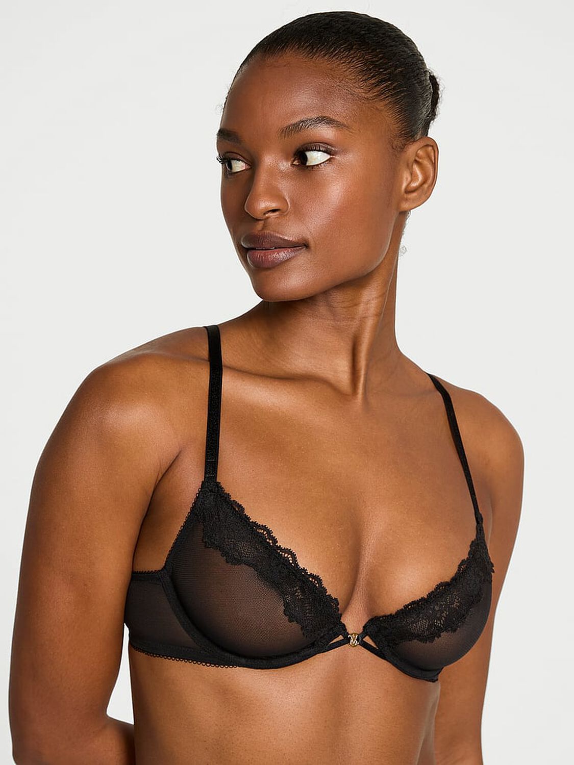 vs Very Sexy Sheer Rose Unlined Low-Cut Demi Jet Black 1 of 4 