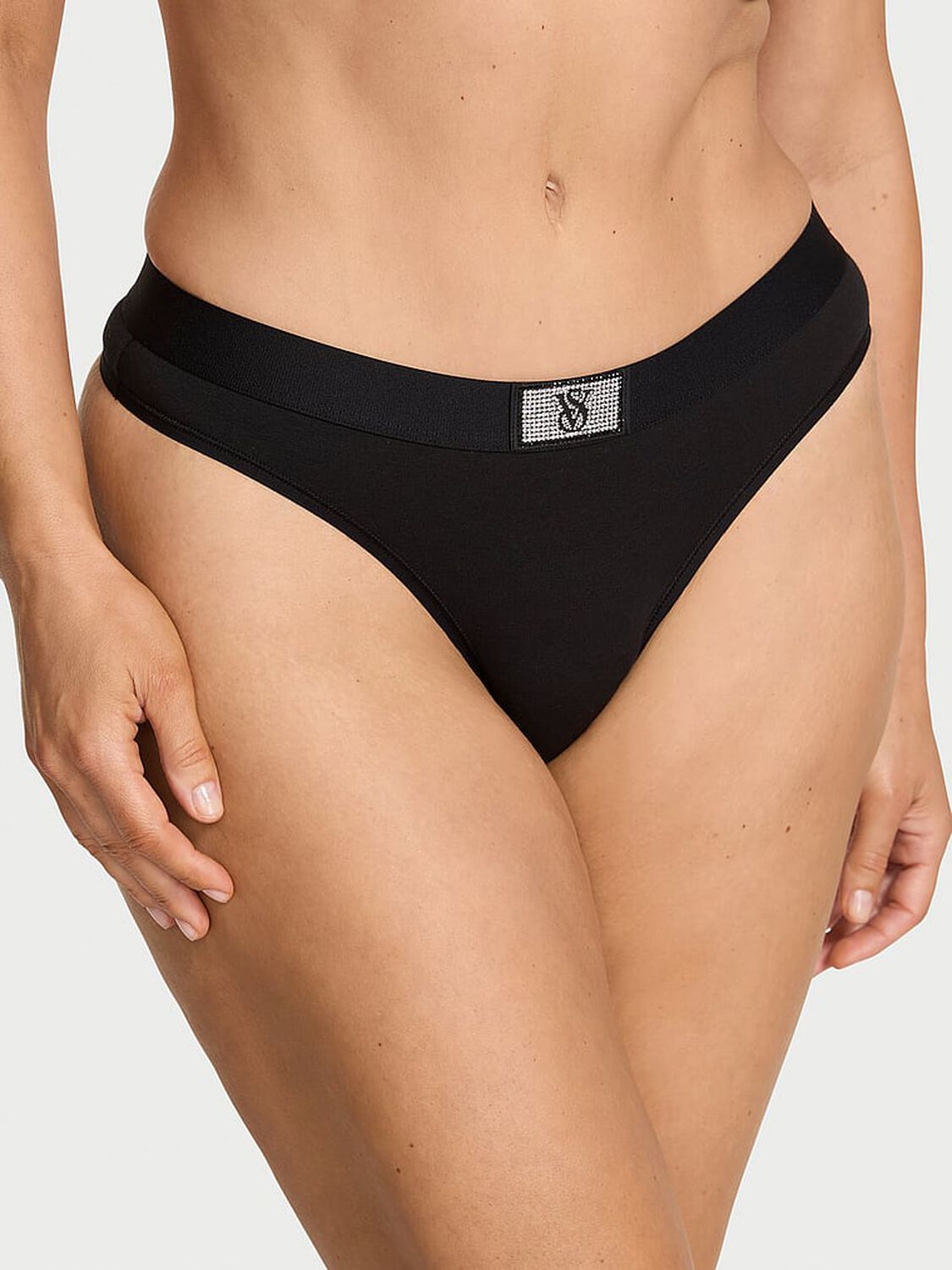 vs Cotton Logo Cotton Shine Patch Thong Panty Black 2 of 2 