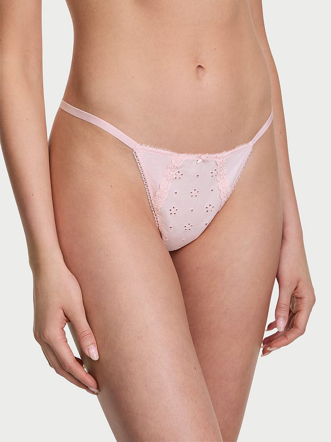 vs Victoria's Secret Stretch Cotton Eyelet V-String Panty Angel Pink 1 of 2 