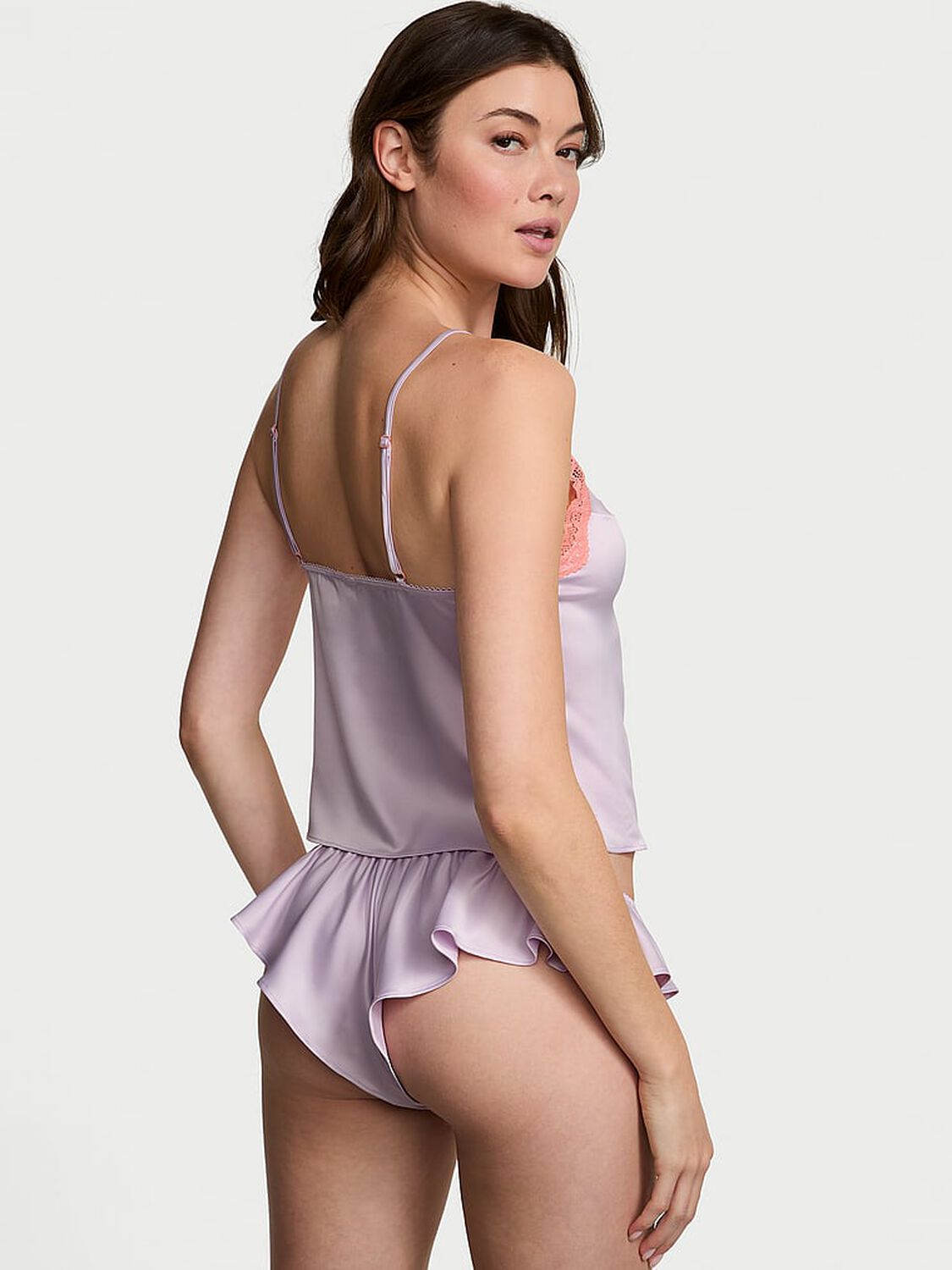vs Victoria's Secret Tease Satin Lace-Trim Cami & Flutter Shorts Set Delicate Violet 2 of 3 