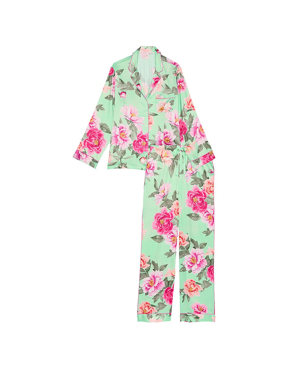 vs Victoria's Secret Glazed Satin Long Pajama Set Pretty Mint Floral Bouquet 1 of 4 