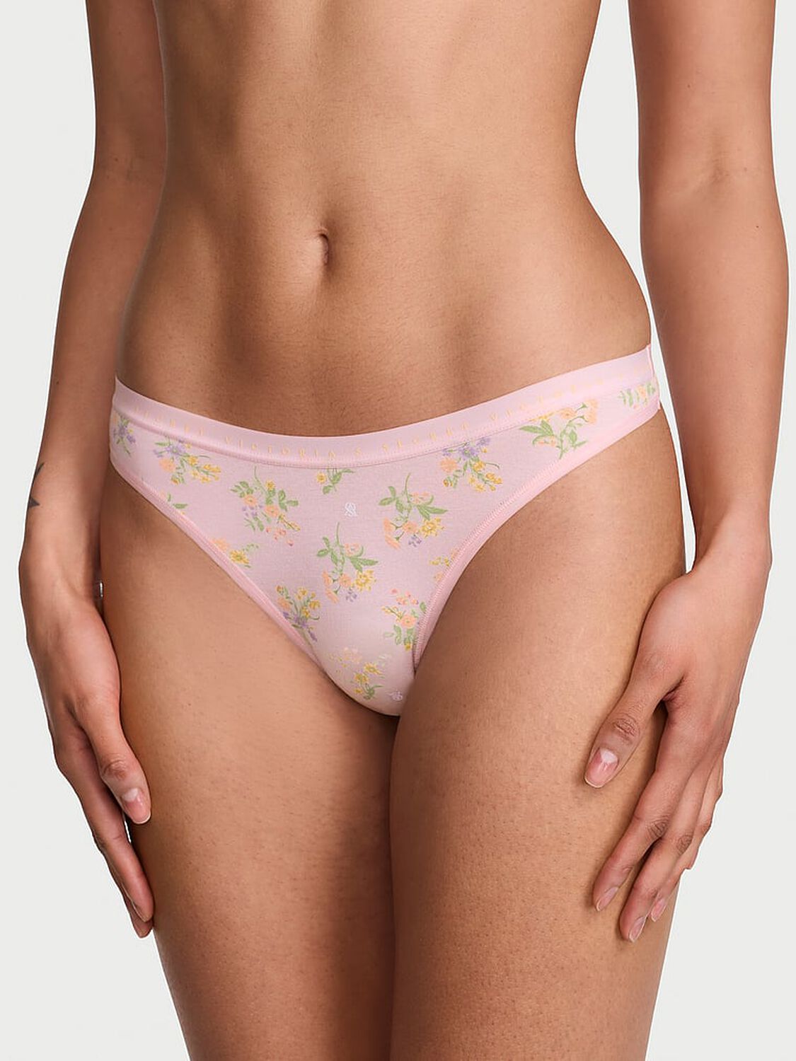 vs Victoria's Secret Stretch Cotton High-Leg Scoop Thong Panty Angel Pink Floral Bouquet 1 of 3 