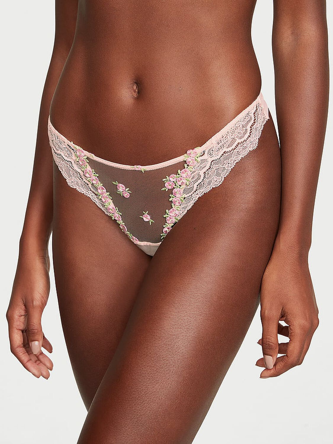 vs Dream Angels Rosebud Embroidery Thong Panty Pink Fizz 1 of 4 