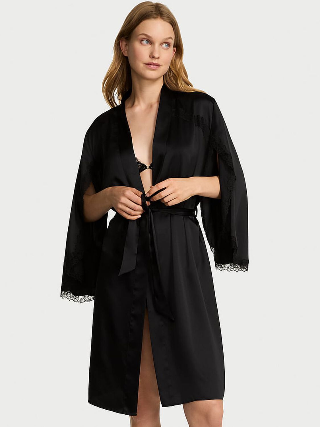 vs Very Sexy Satin Rose Lace-Trim Midi Robe Black 3 of 3 