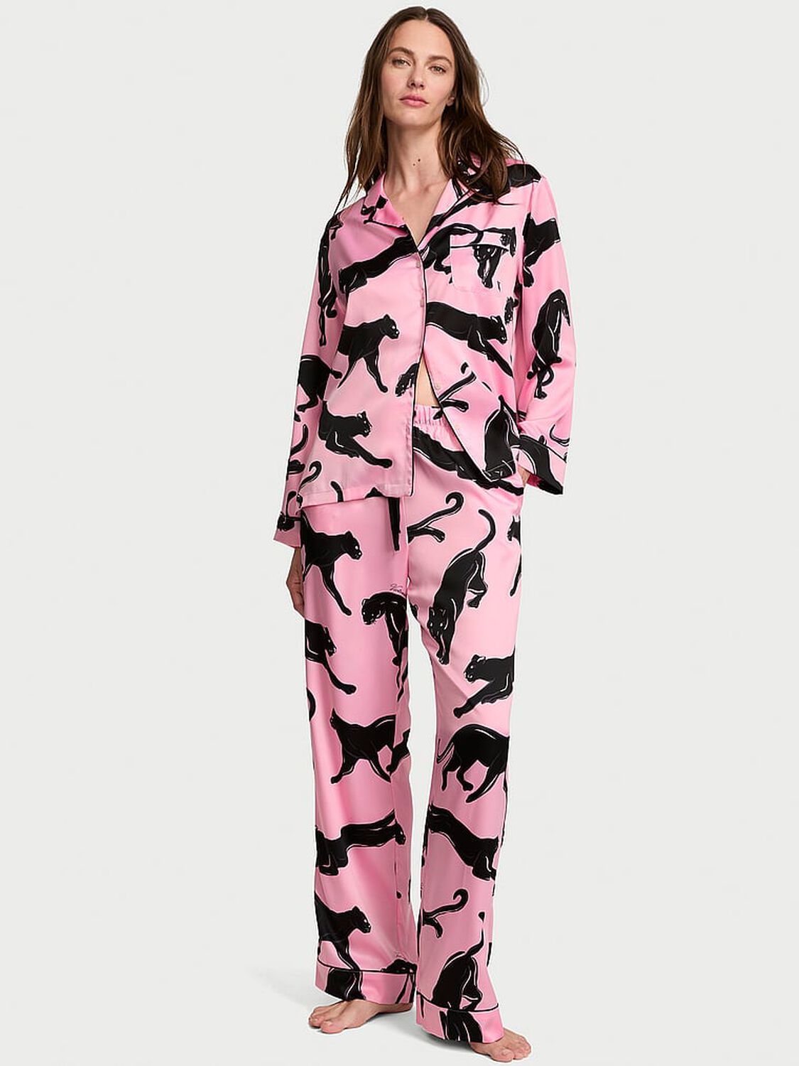 vs Victoria's Secret Signature Satin Long Pajama Set Pink Panthers 1 of 3 