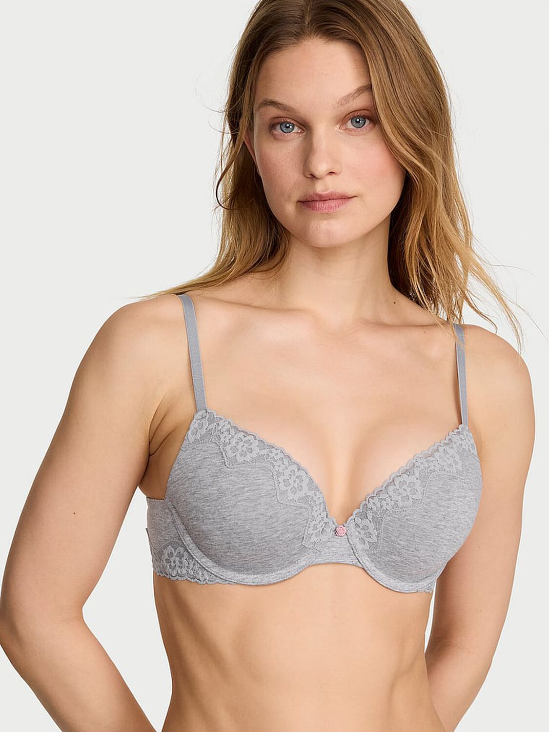 vs The T-Shirt Perfect Shape Cotton Lace-Trim Push-Up Bra Medium Heather Grey 1 of 3 