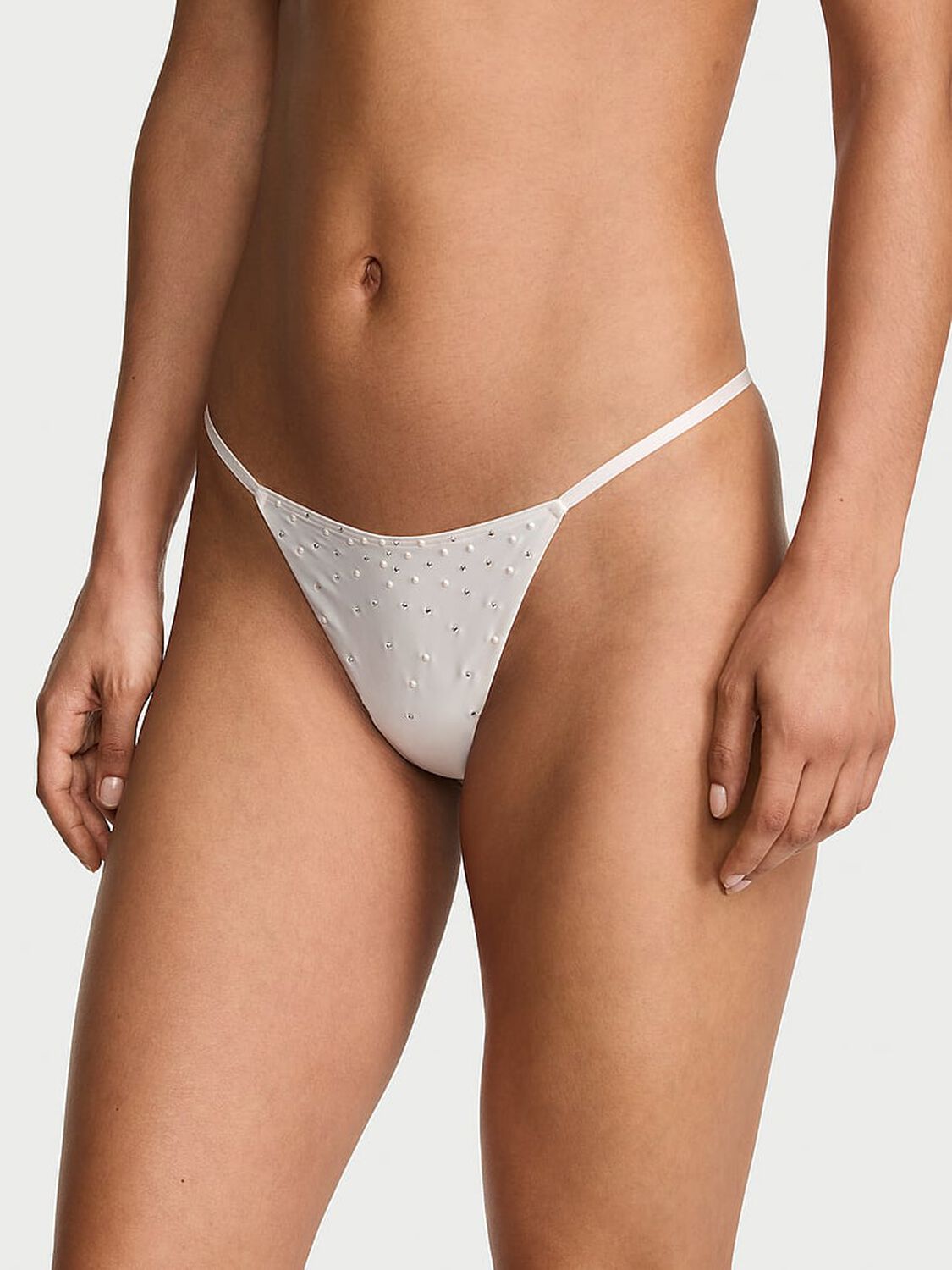 vs Dream Angels Satin Pearl-Embellished V-String Panty Coconut White 1 of 3 