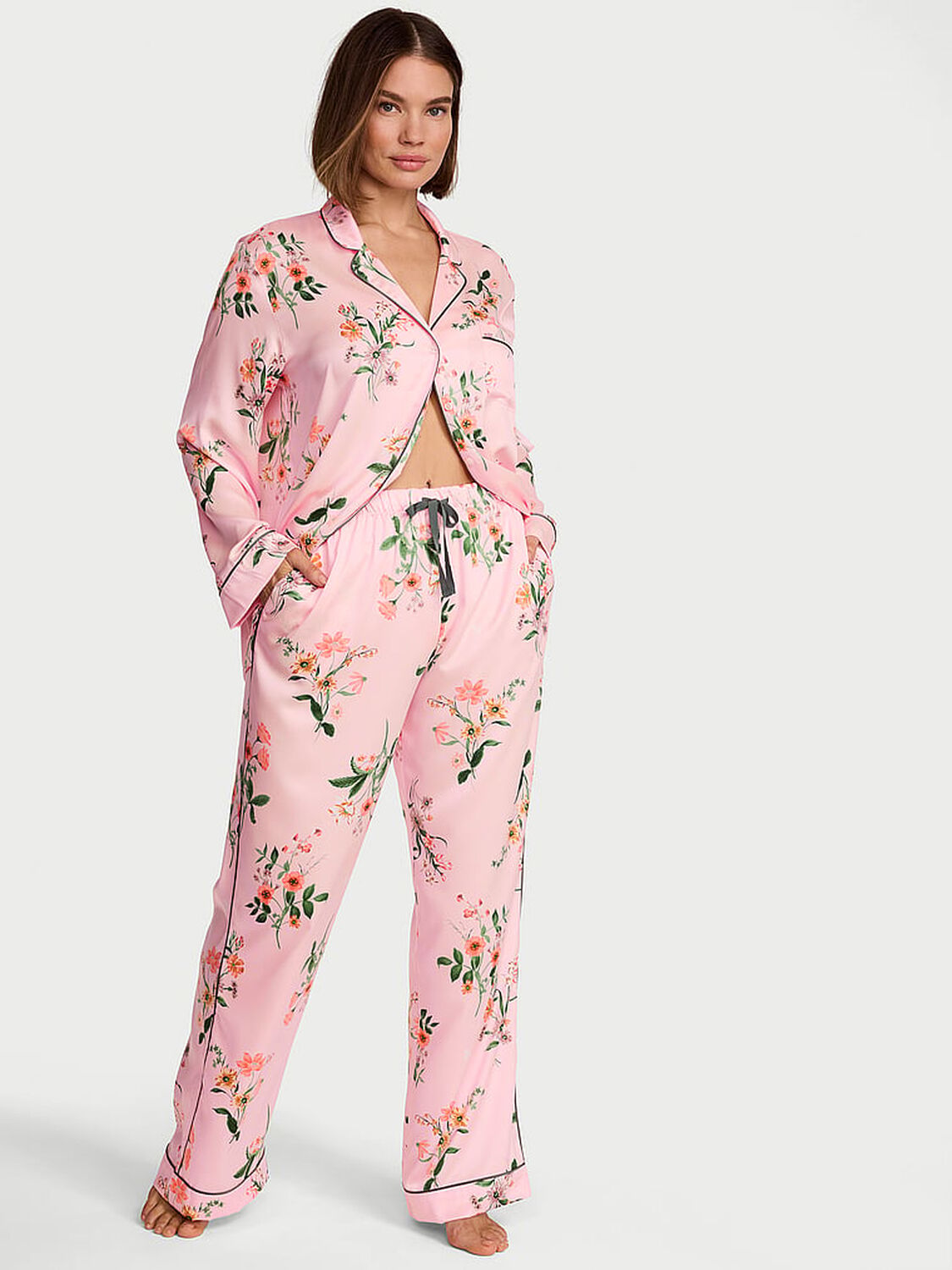 vs Victoria's Secret Signature Satin Long Pajama Set Angel Pink Botanical 1 of 4 
