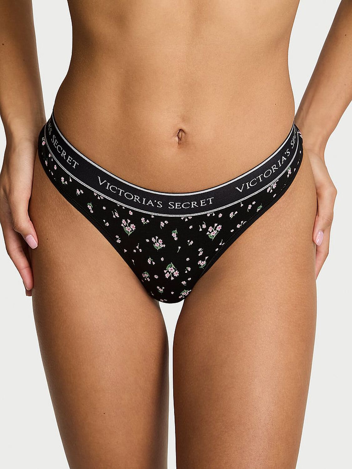 vs Cotton Logo Cotton Thong Panty Black Ditsy Floral 1 of 3 