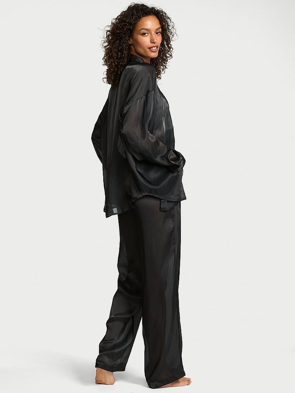 vs Victoria's Secret Luxe Sheer Satin Button-Front Long Pajama Set Black 2 of 3 