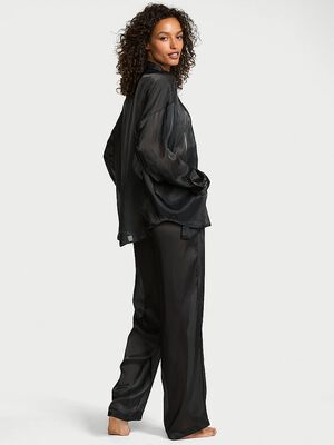 Luxe Sheer Satin Button-Front Long Pajama Set