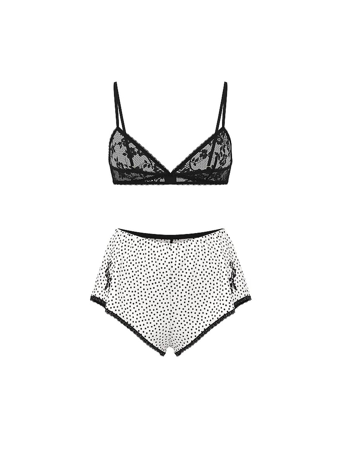 vs Dream Angels Lace Bralette & Chiffon Polka Dot Shorts Set White & Black Dots 3 of 3 