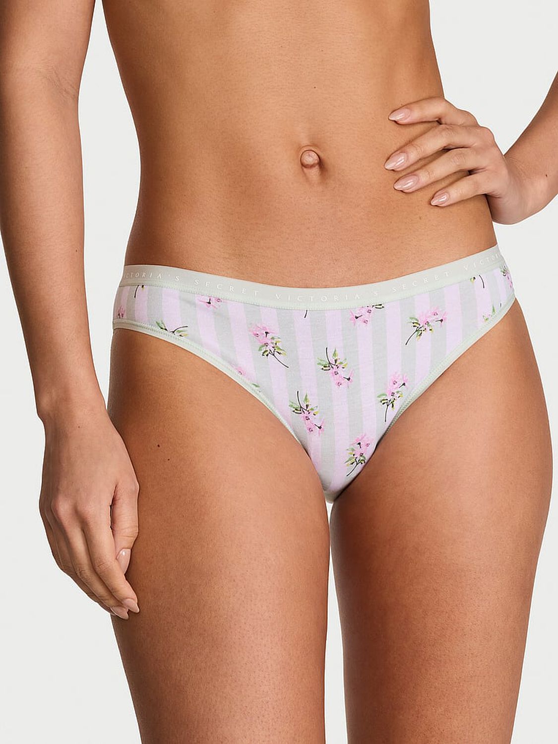 vs Victoria's Secret Stretch Cotton Bikini Panty Mint Stripe Floral 1 of 3 