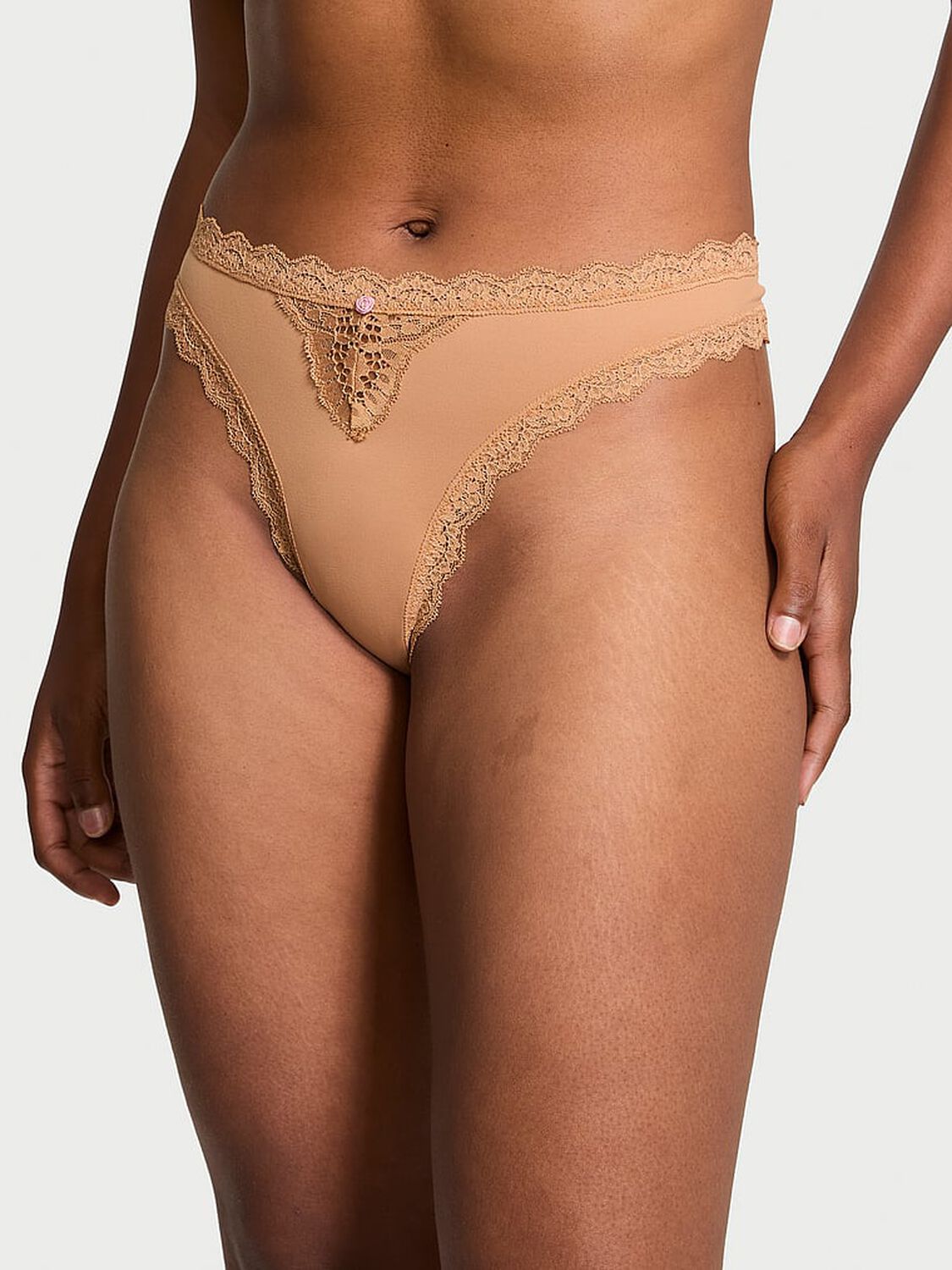 vs Dream Angels Lace-Trim Thong Panty Toffee 1 of 3 