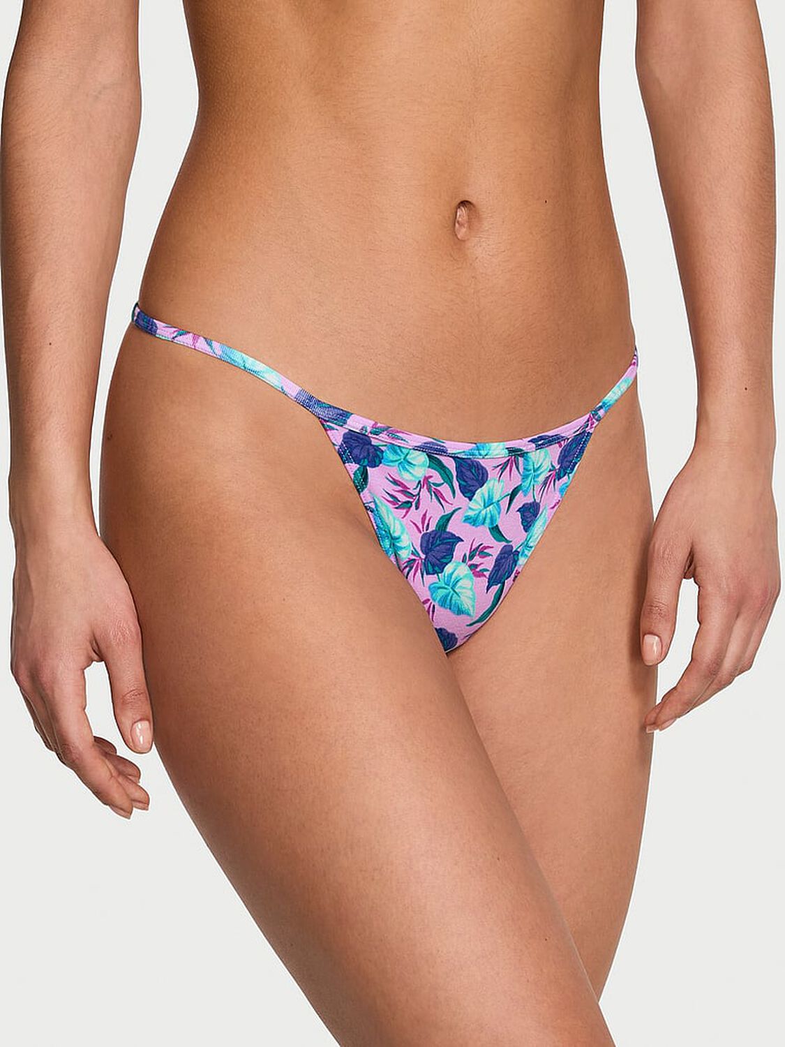 vs Victoria's Secret Stretch Cotton V-String Panty Purple Jungle Leaves 1 of 3 