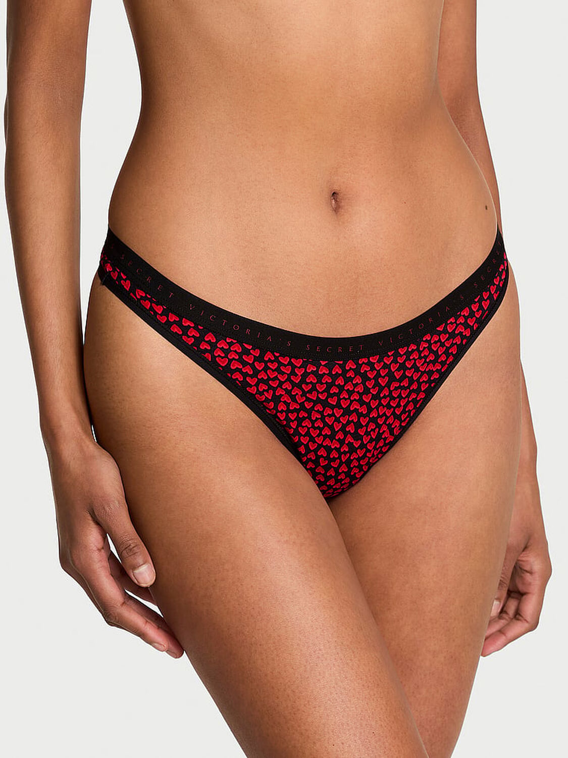 vs Victoria's Secret Stretch Cotton High-Leg Scoop Thong Panty Black Ditsy Hearts 1 of 3 