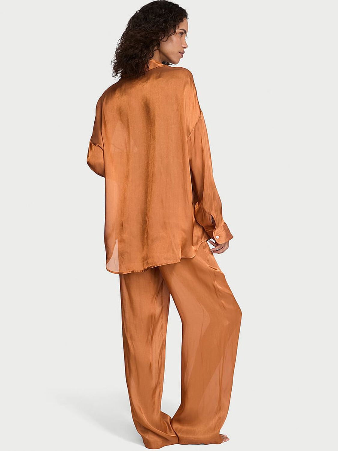 vs Victoria's Secret Luxe Sheer Satin Button-Front Long Pajama Set Sandalwood 2 of 4 