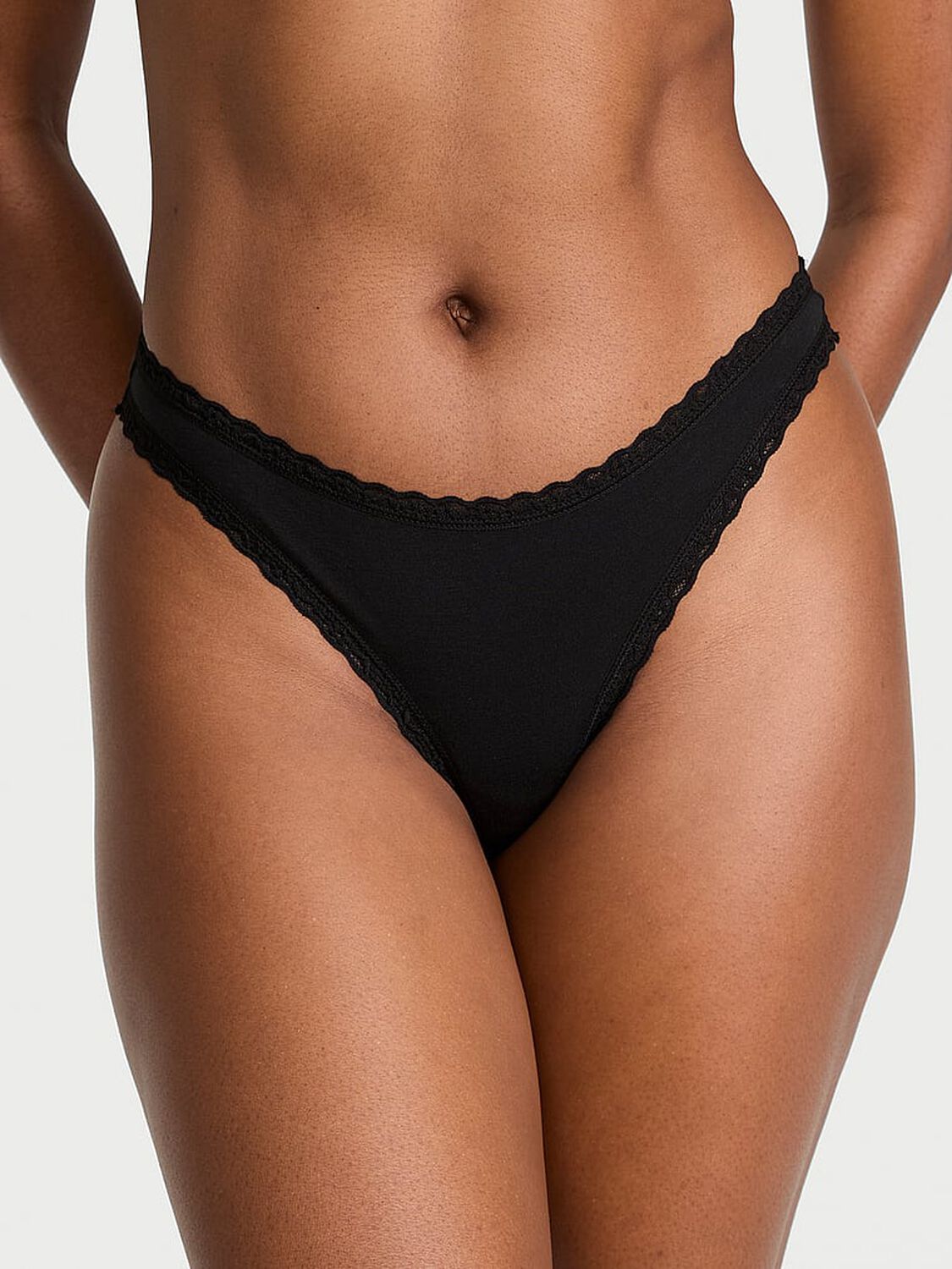 vs The Lacie Stretch Cotton Lace-Waist Thong Panty Black 1 of 3 