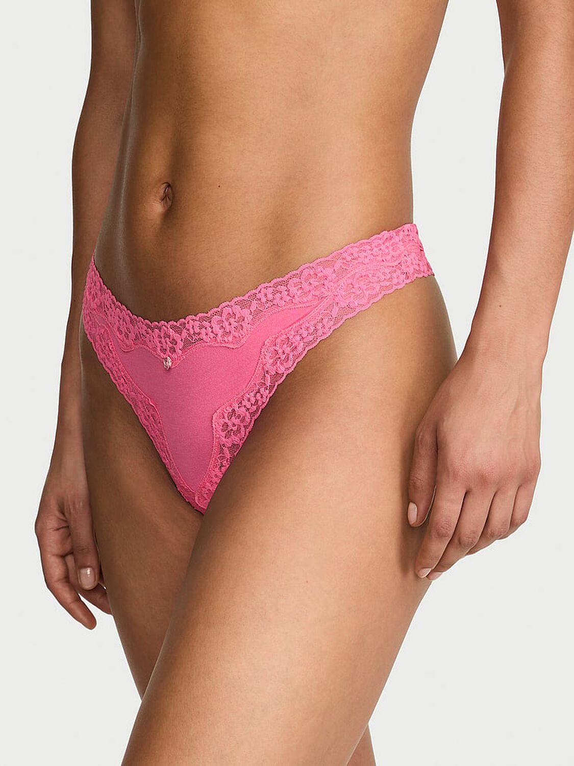 vs Lace Trim Cotton Lace-Waist Thong Panty Pink Radiance 1 of 4 