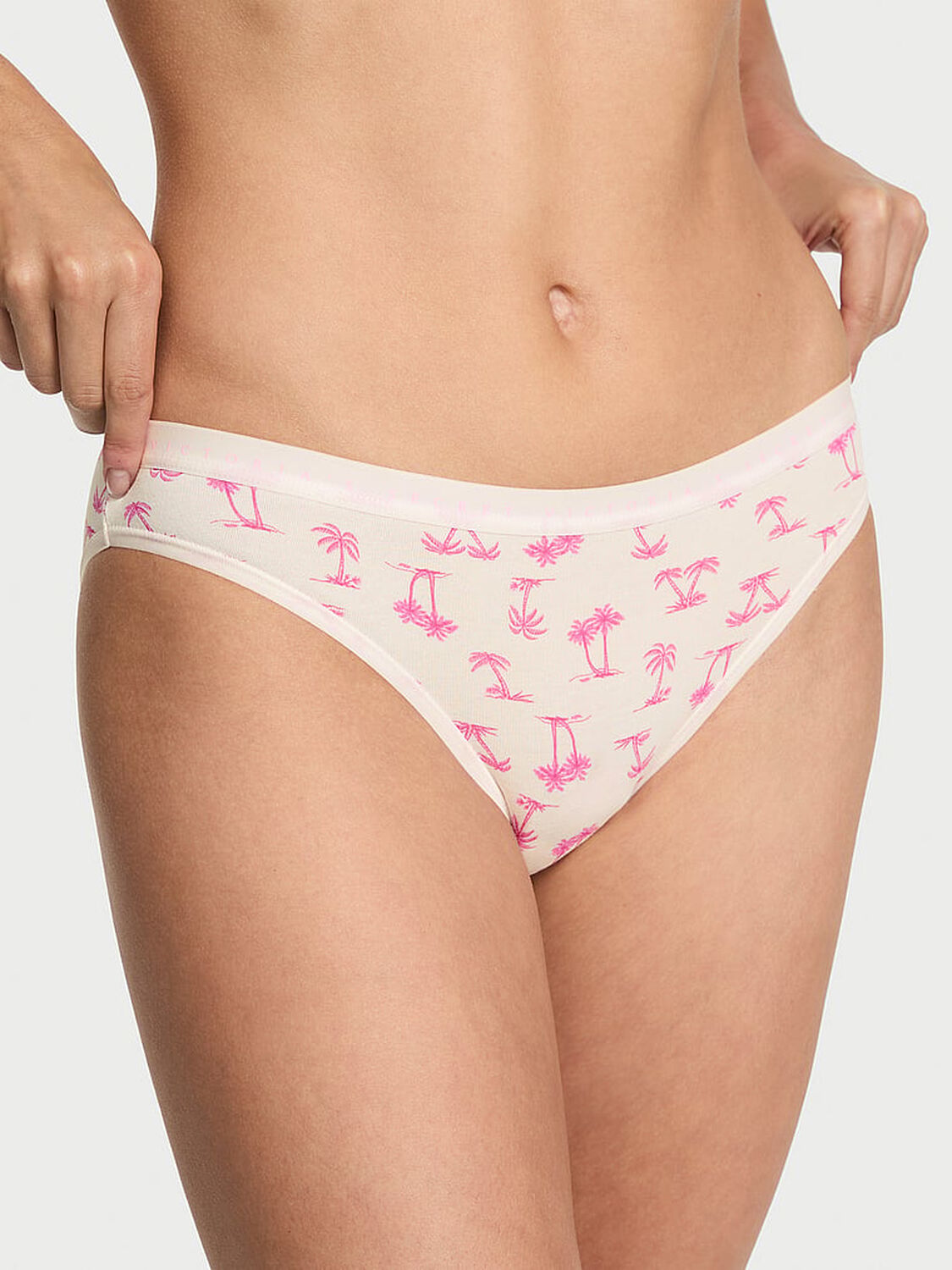 vs Victoria's Secret Stretch Cotton Bikini Panty White & Pink Palms 1 of 3 