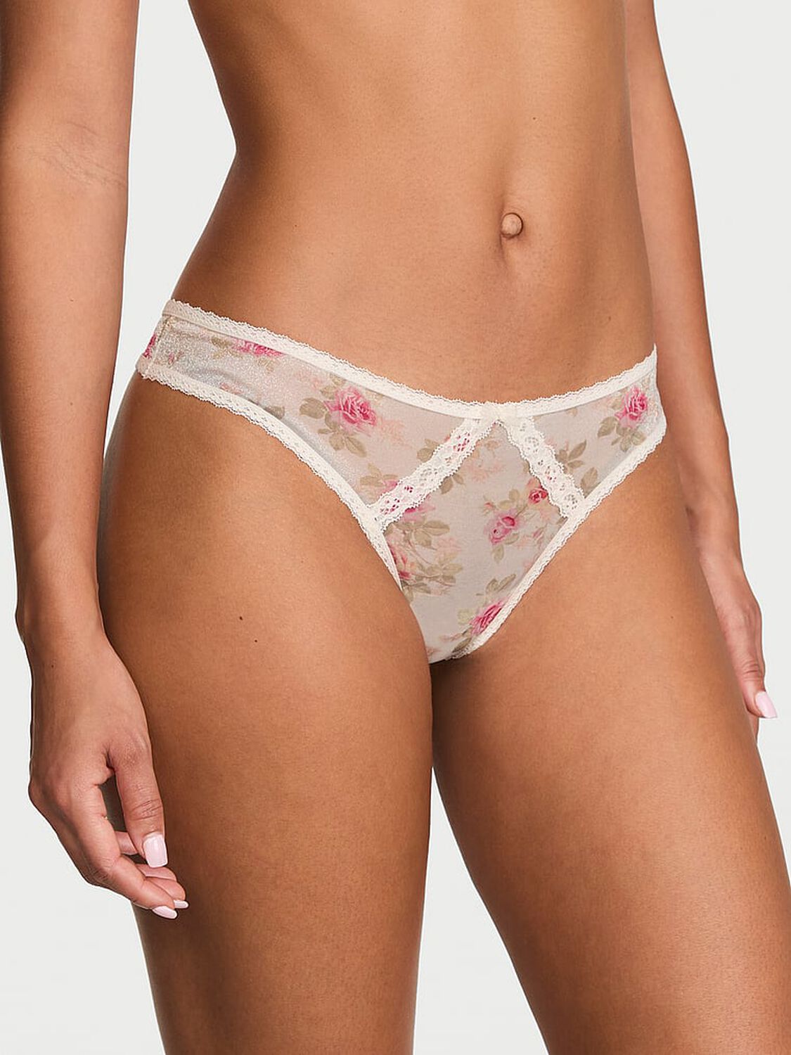 vs Dream Angels Sheer Shimmer Lace-Trim Thong Panty Floral Print 1 of 3 
