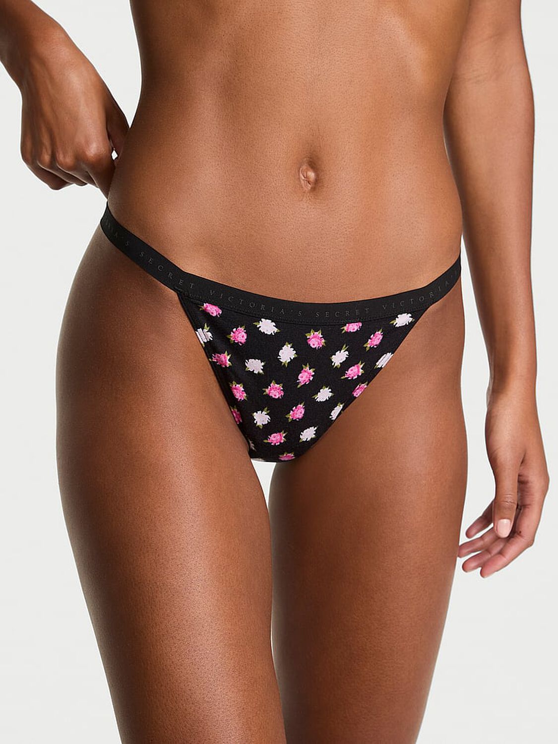 vs Victoria's Secret Stretch Cotton V-String Panty Black Floral 1 of 3 