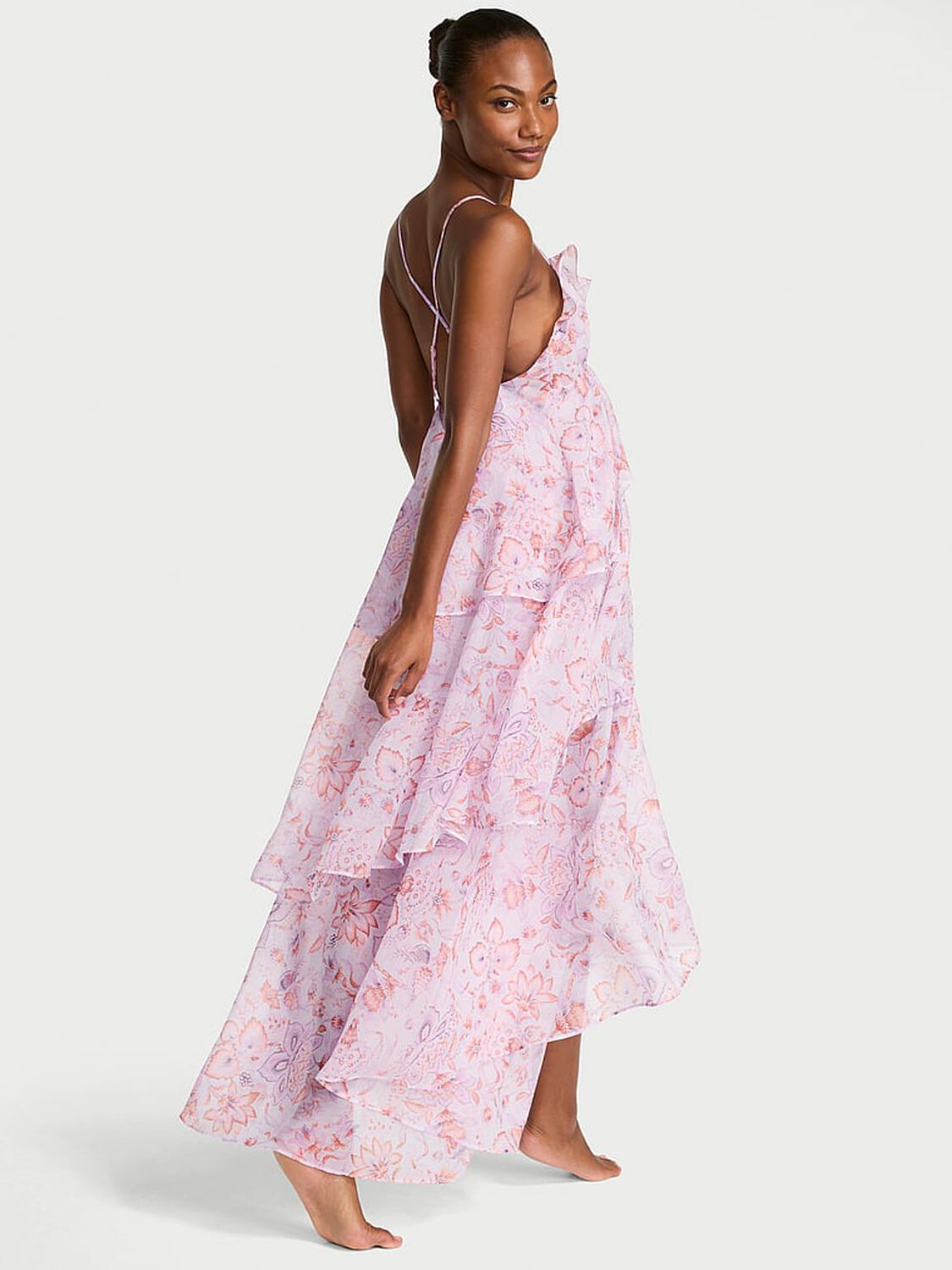 vs Victoria's Secret Vintage Blossom Chiffon Ruffled Maxi Dress Delicate Violet Floral 2 of 4 