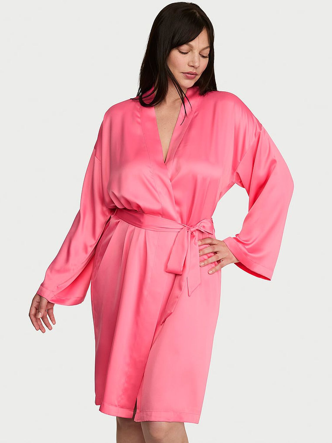vs Victoria's Secret Signature Satin Midi Robe Wild Salmon 1 of 3 