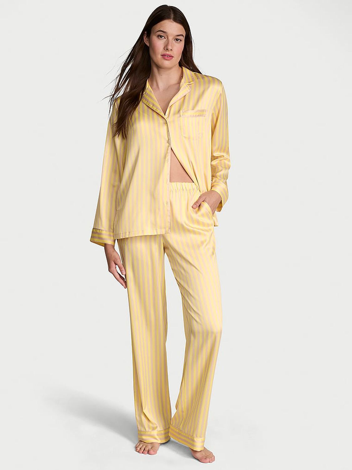 vs Victoria's Secret Glazed Satin Long Pajama Set Marzipan/Yellow Tulip Iconic Stripe 1 of 2 