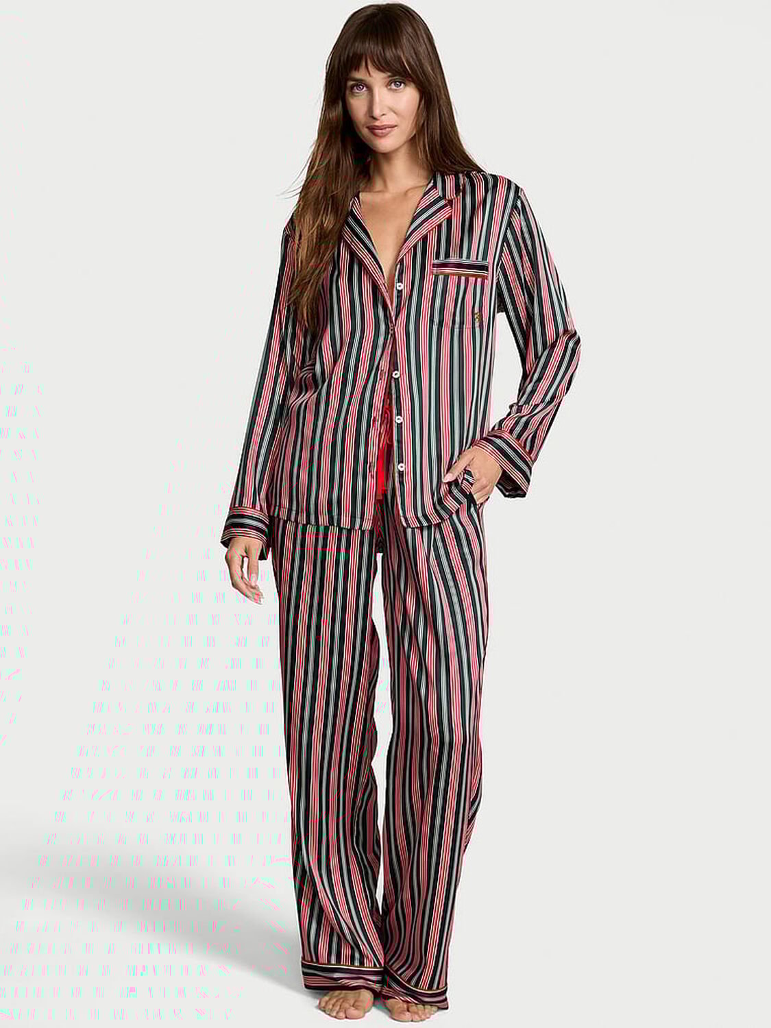 vs Victoria's Secret Glazed Satin Long Pajama Set Festive Red & Green Stripe 1 of 2 
