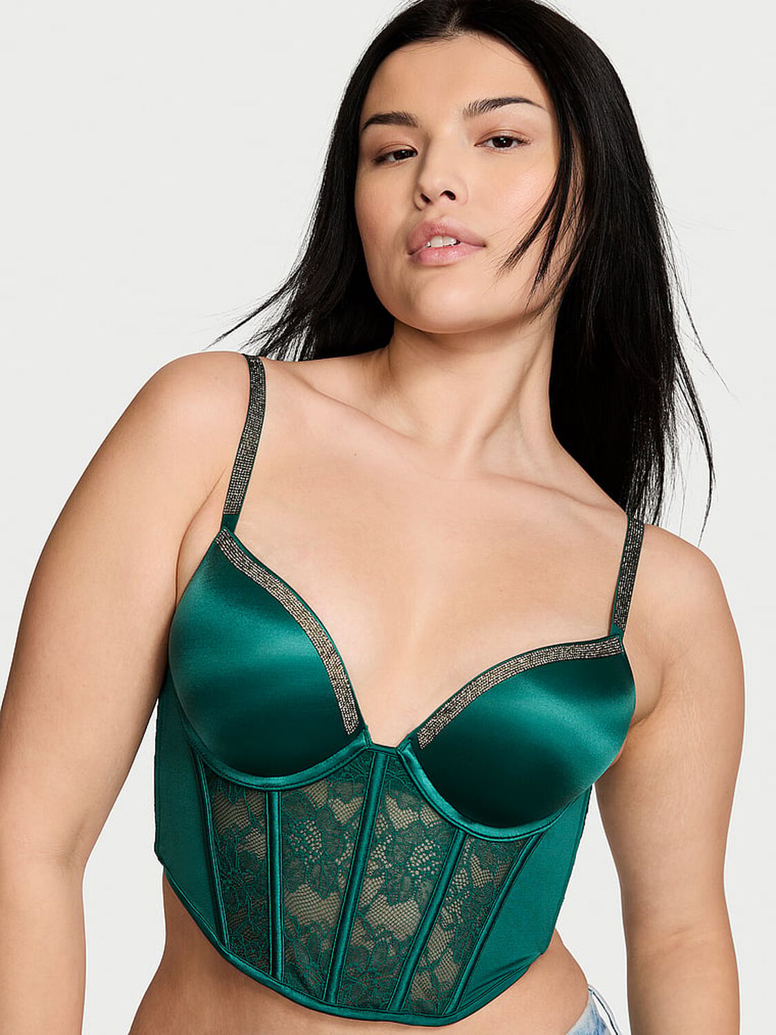 vs Very Sexy Bombshell Add-2-Cups Shine Strap Push-Up Corset Top Green Mystique 1 of 5 