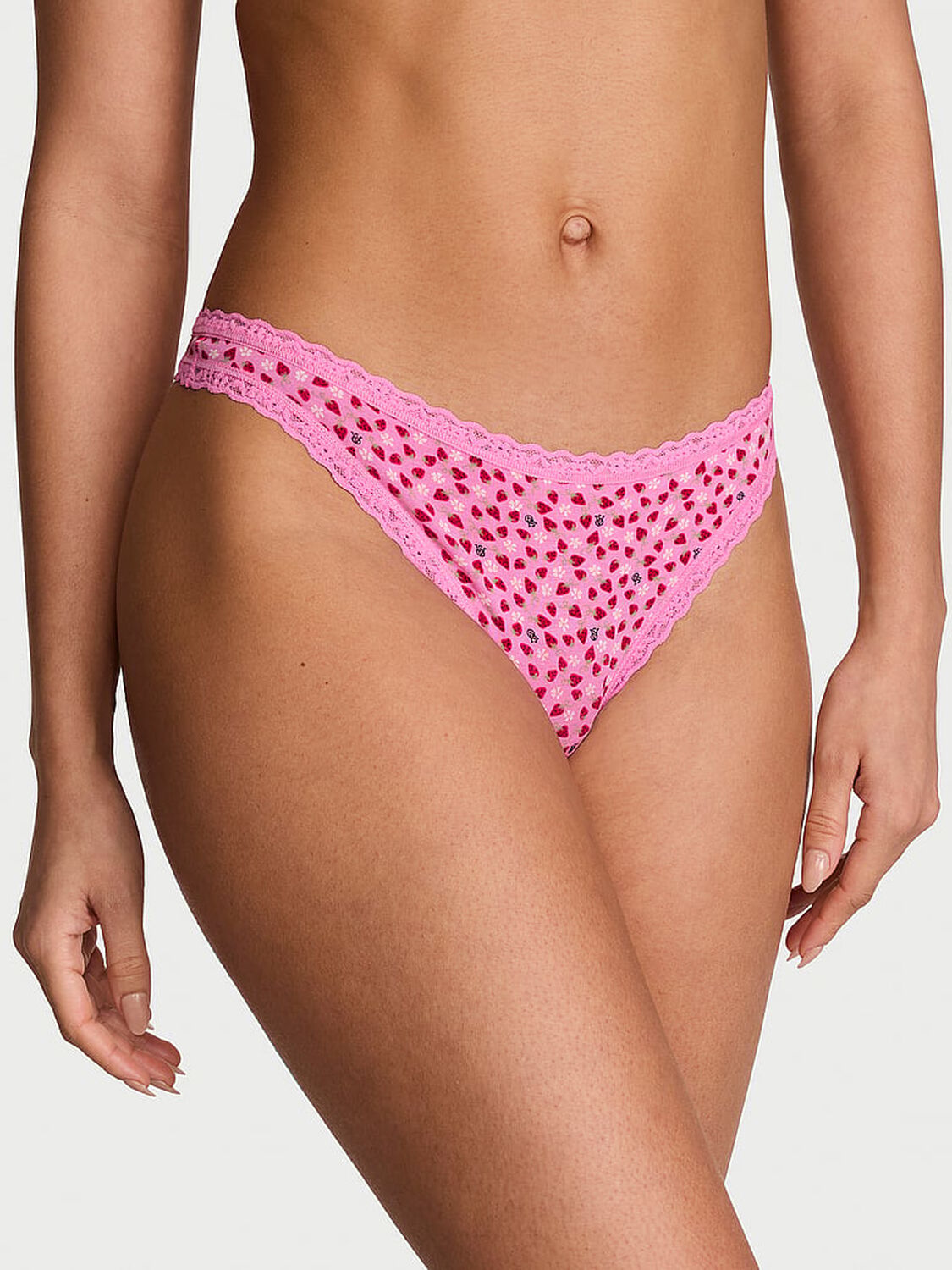 vs Lace Trim Cotton Lace-Waist Thong Pink Sugar Ditsy Strawberry 1 of 3 