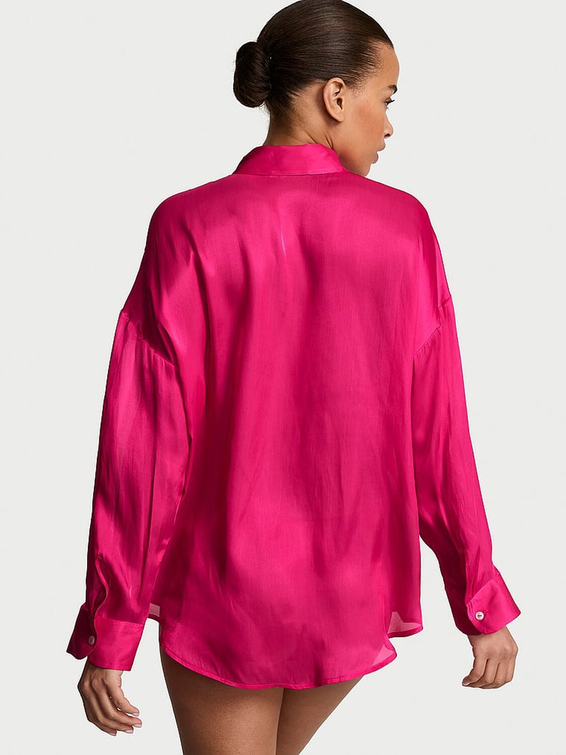 vs Victoria's Secret Luxe Sheer Satin Button-Front Shirt Pop Pink 2 of 3 