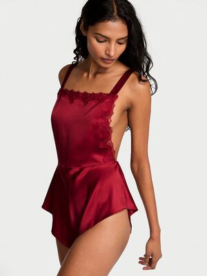 Satin Lace-Trim Square-Neck Flutter Romper