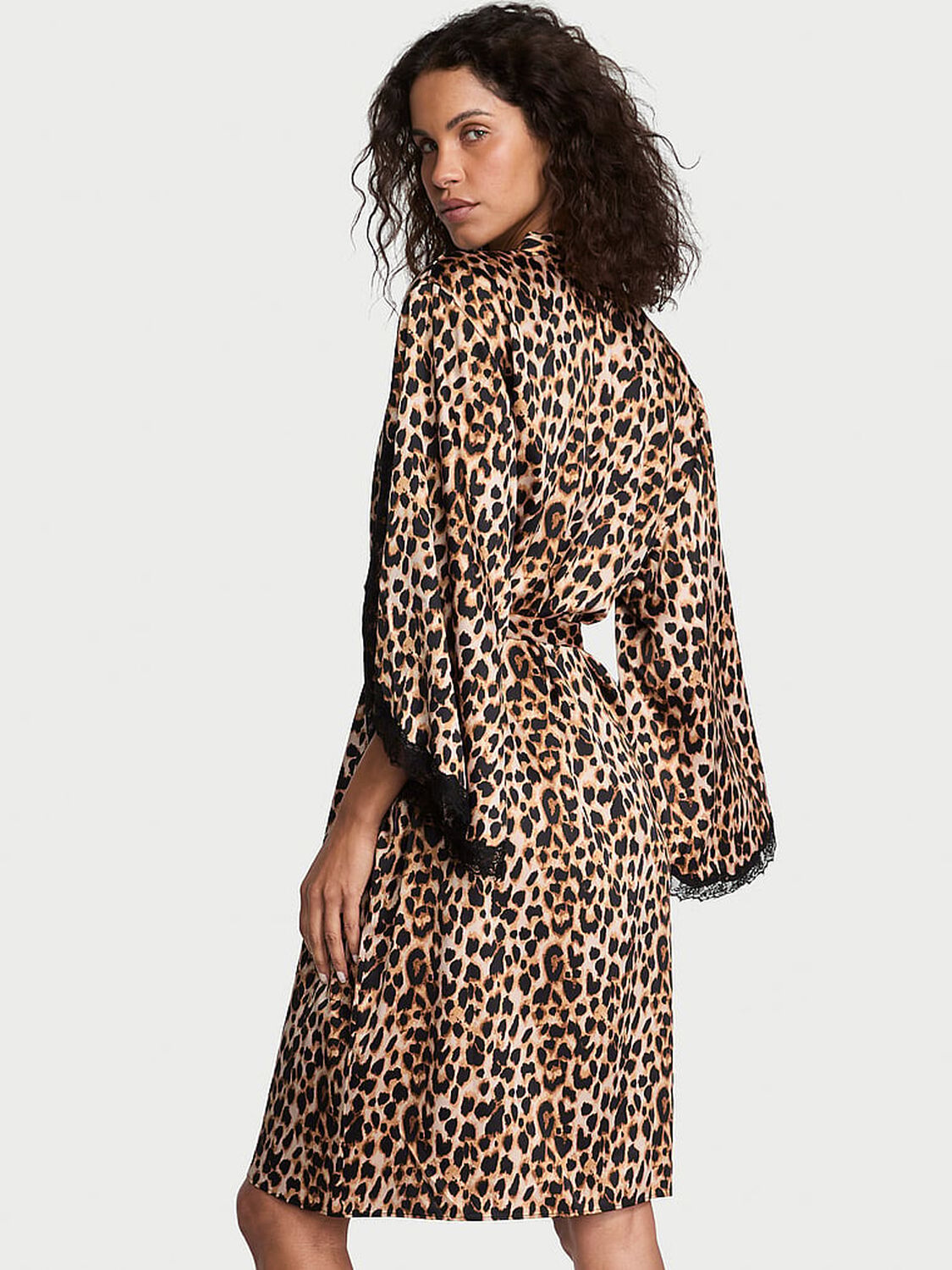 vs Very Sexy Satin Rose Lace-Trim Midi Robe Leopard 2 of 3 