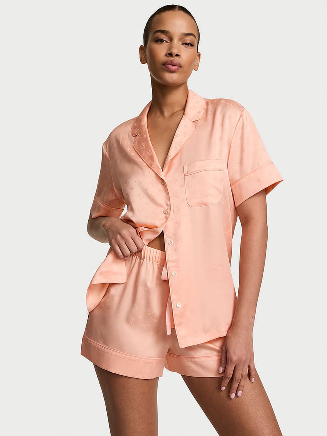vs Victoria's Secret Glazed Satin Short Pajama Set Pink Gin 1 of 3 