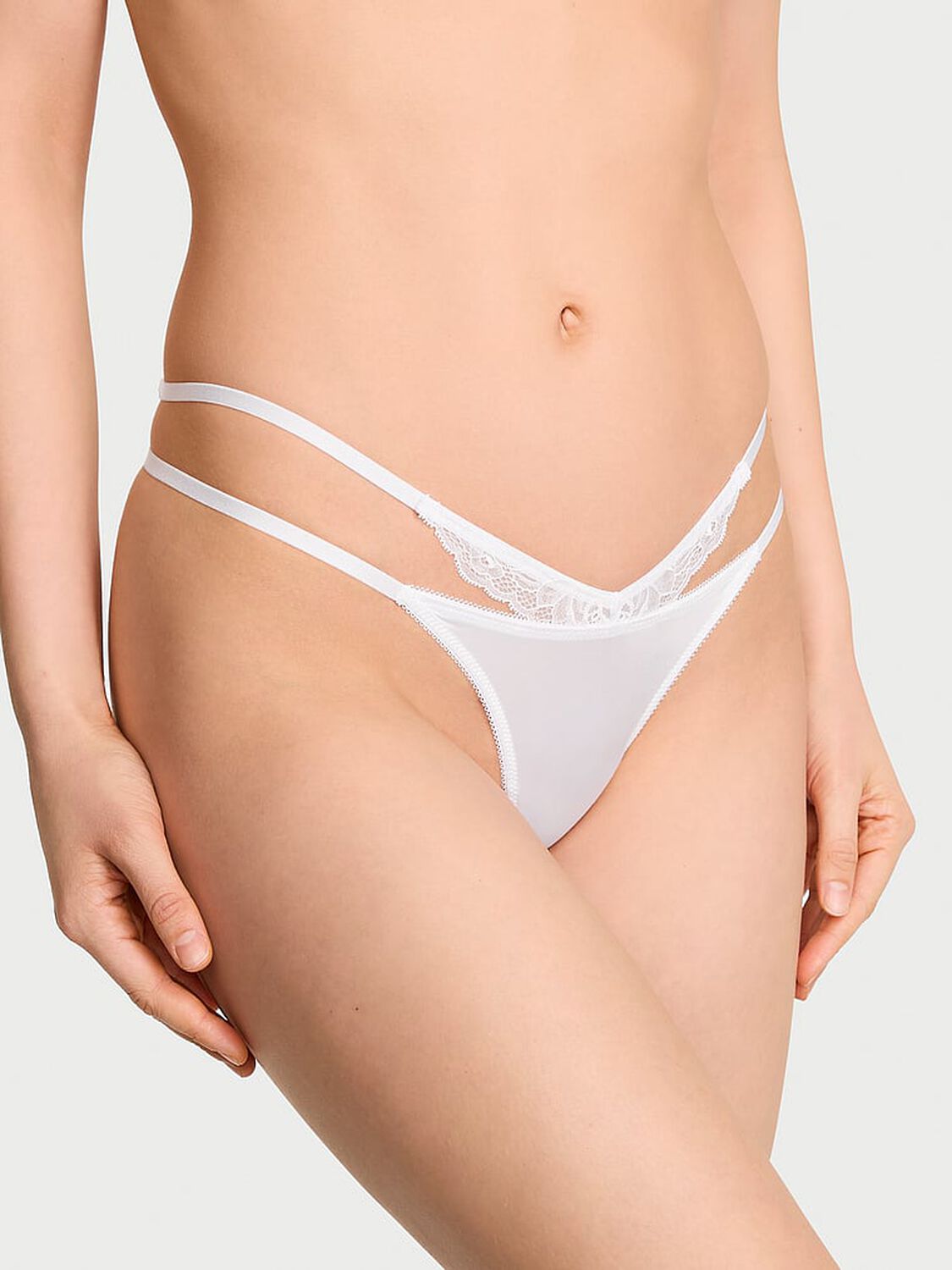 vs Very Sexy Rose Lace-Trim Strappy Cut-Out V-String Panty White 1 of 3 