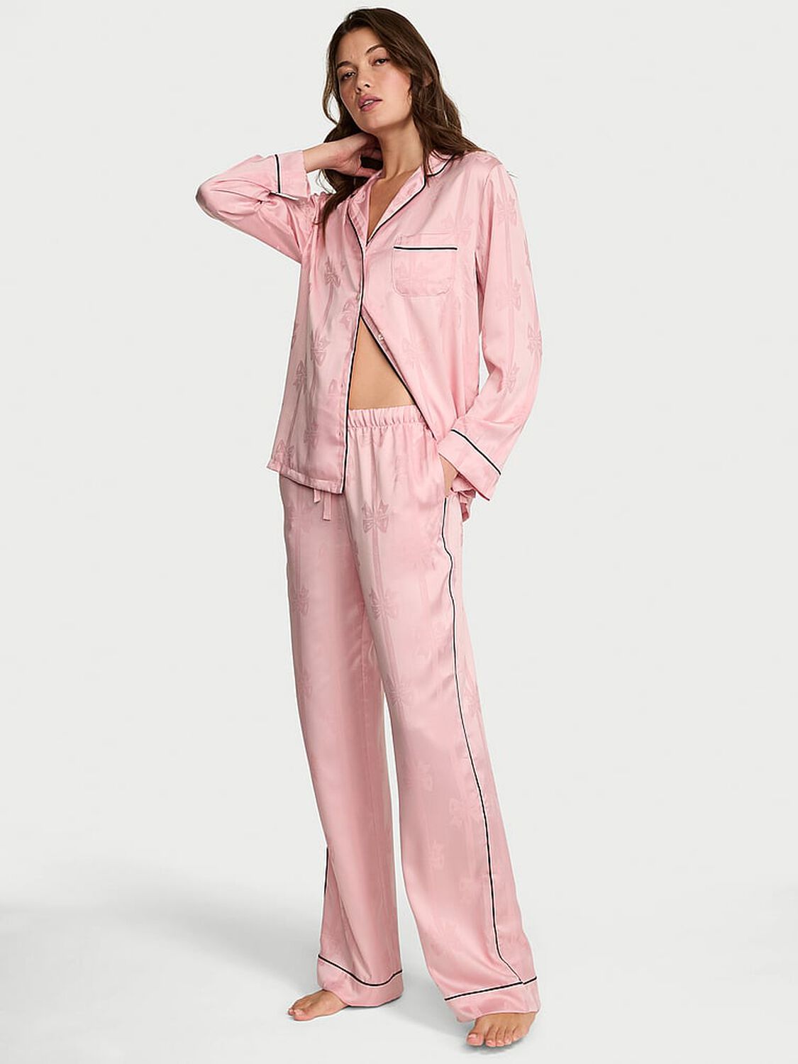 vs Victoria's Secret Glazed Satin Bow Stripe Long Pajama Set Dusk Pink 1 of 2 