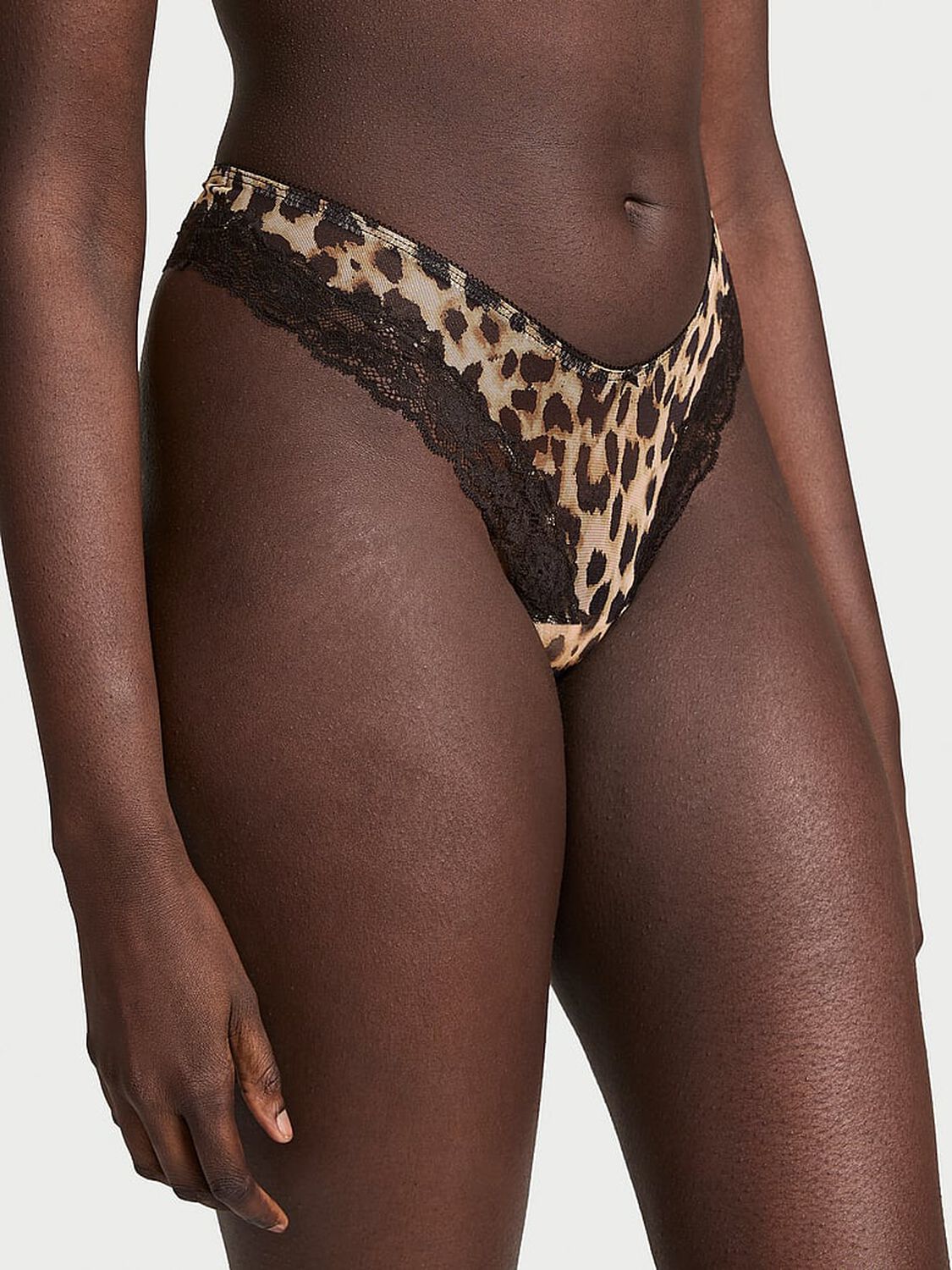 vs Very Sexy Mesh Lace-Trim High-Leg Thong Panty Leopard 1 of 2 