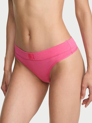 Logo Cotton Lace Patch Thong Panty