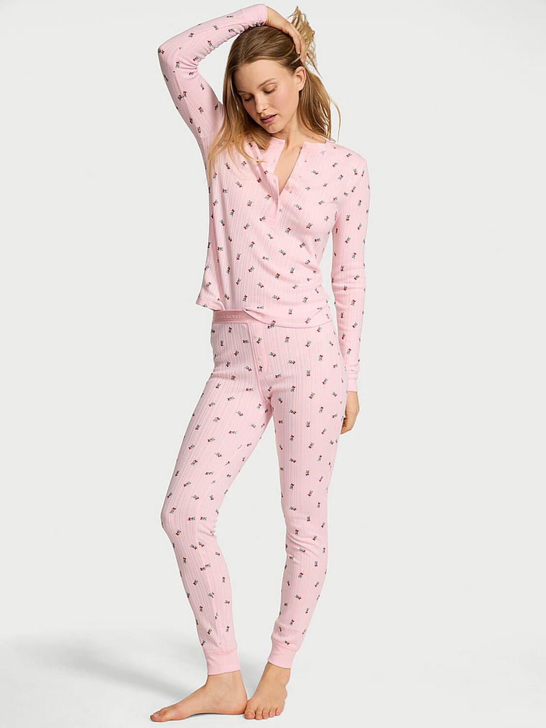 vs Victoria's Secret Cozy Pointelle Henley Long Pajama Set Angel Pink W Mistletoe Graphic 1 of 2 