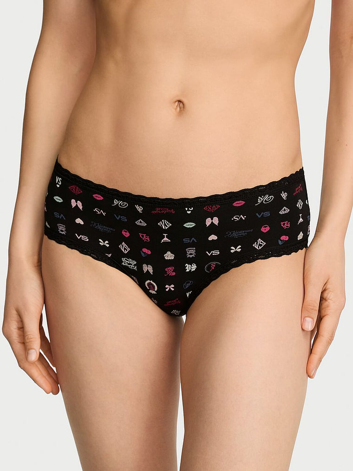 vs Lace Trim Cotton Lace-Waist Cheeky Panty Black Multi Logo 1 of 3 