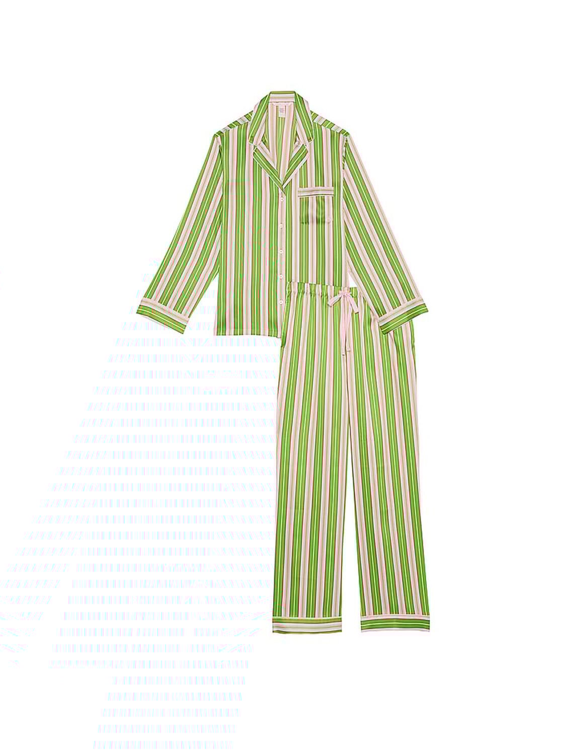 vs Victoria's Secret Glazed Satin Long Pajama Set Green Machine/Caramel Stripe 2 of 2 
