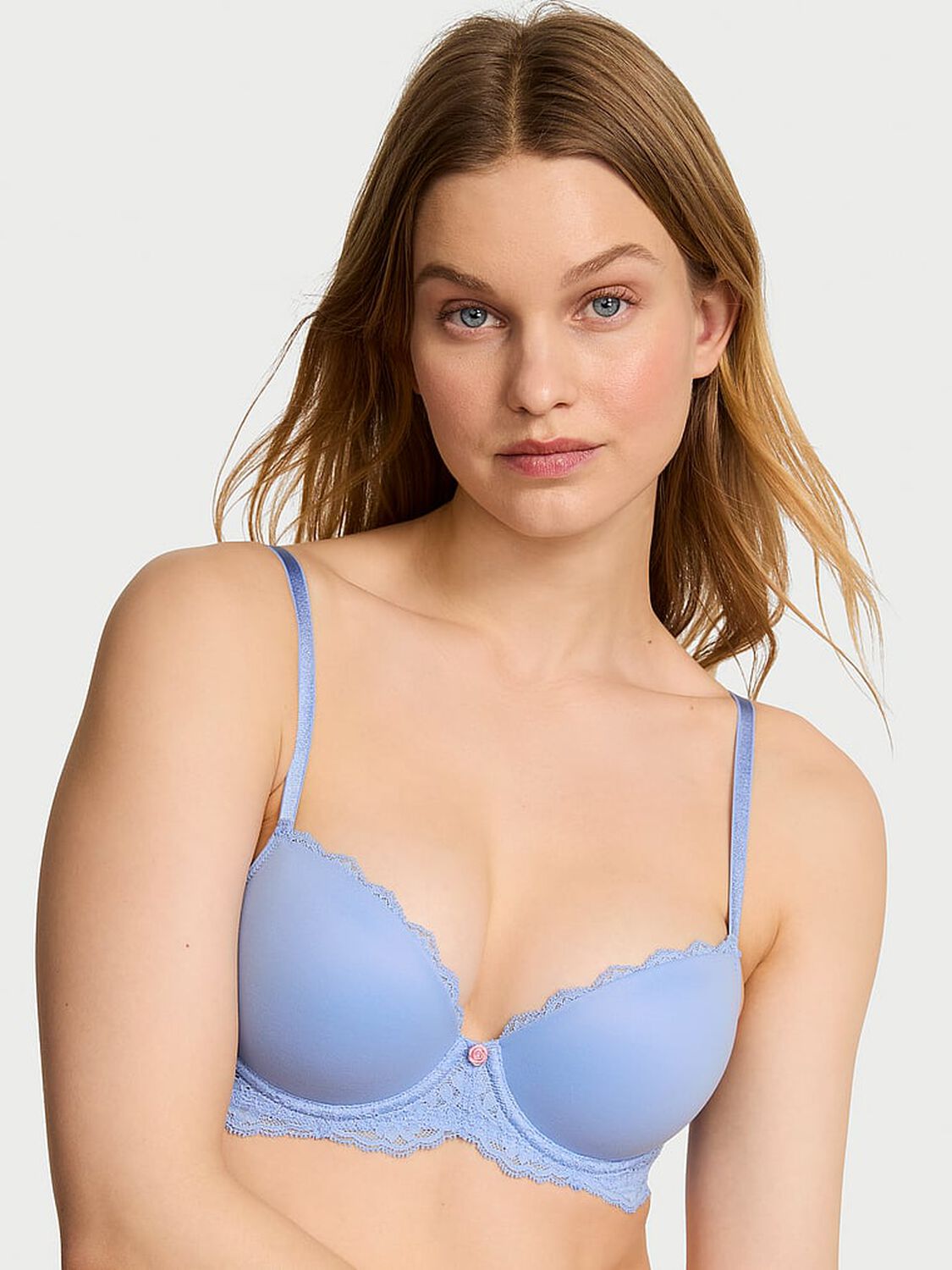 vs Dream Angels Smooth & Lace Lightly Lined Classic Coverage Demi Bra Cameo Blue 1 of 3 