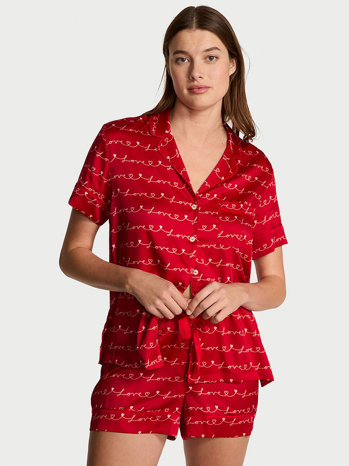 vs Victoria's Secret Glazed Satin Short Pajama Set Lipstick/Petal Pink Script Font 1 of 4 