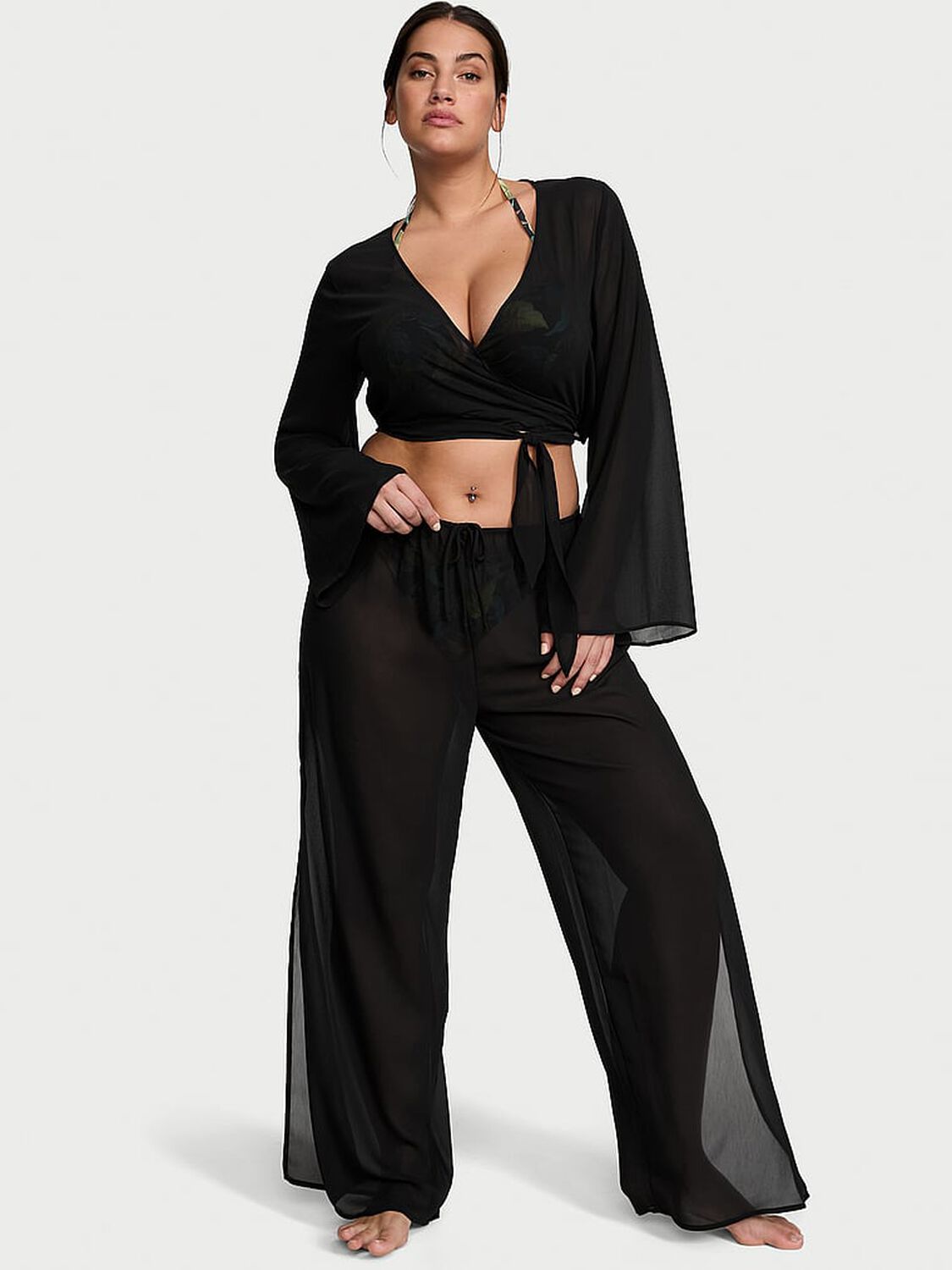 vs Victoria's Secret Swim Sheer Crinkle Wide-Leg Pants Black 1 of 3 