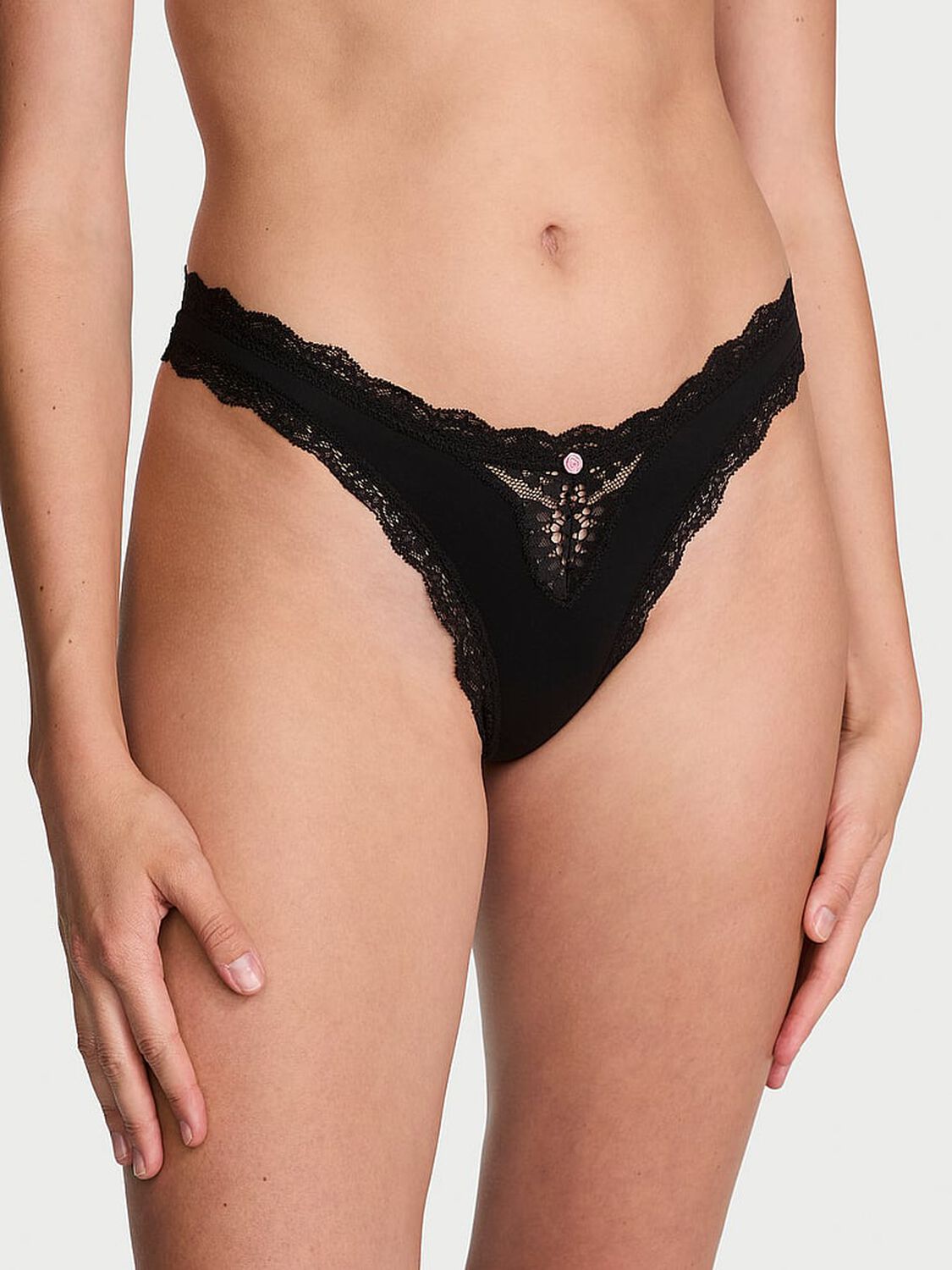 vs Dream Angels Lace-Trim Thong Panty Black 1 of 4 