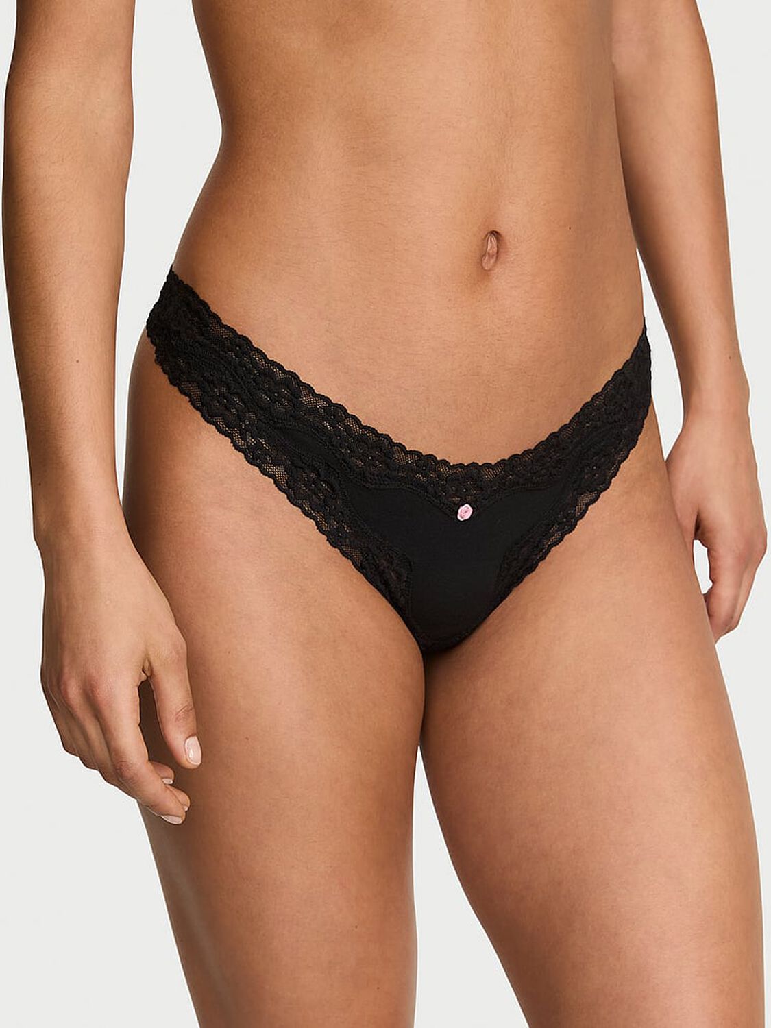 vs Lace Trim Cotton Lace-Waist Thong Panty Black 1 of 3 