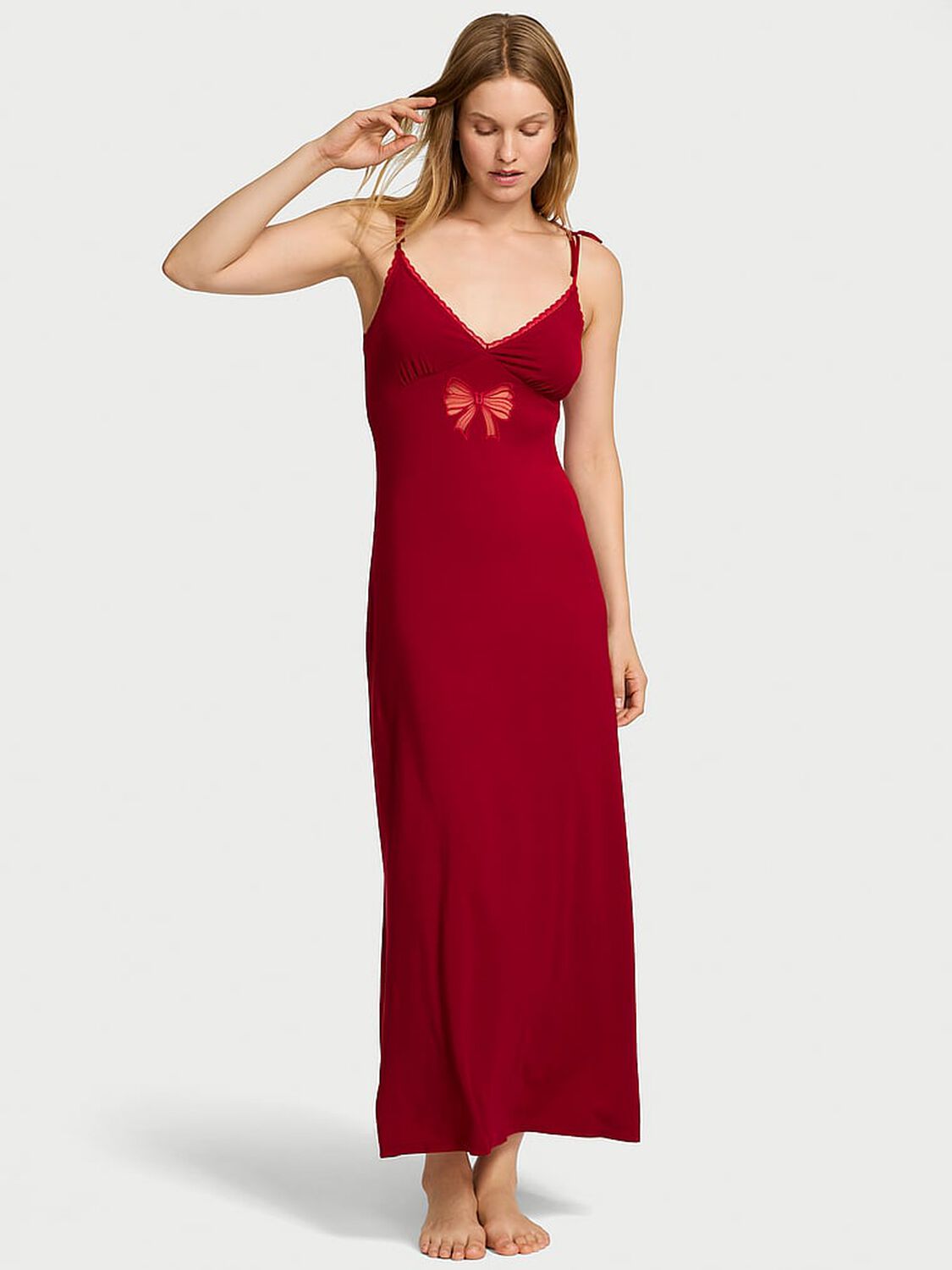 vs Victoria's Secret Modal Lace-Trim Bow Maxi Slip Dress Red Lacquer 1 of 2 