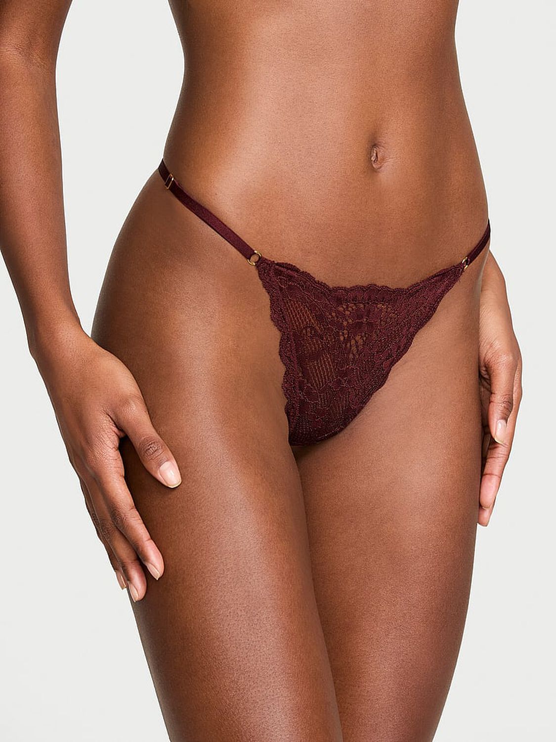 vs Dream Angels Lace Adjustable V-String Panty Burgundy Brown 1 of 4 